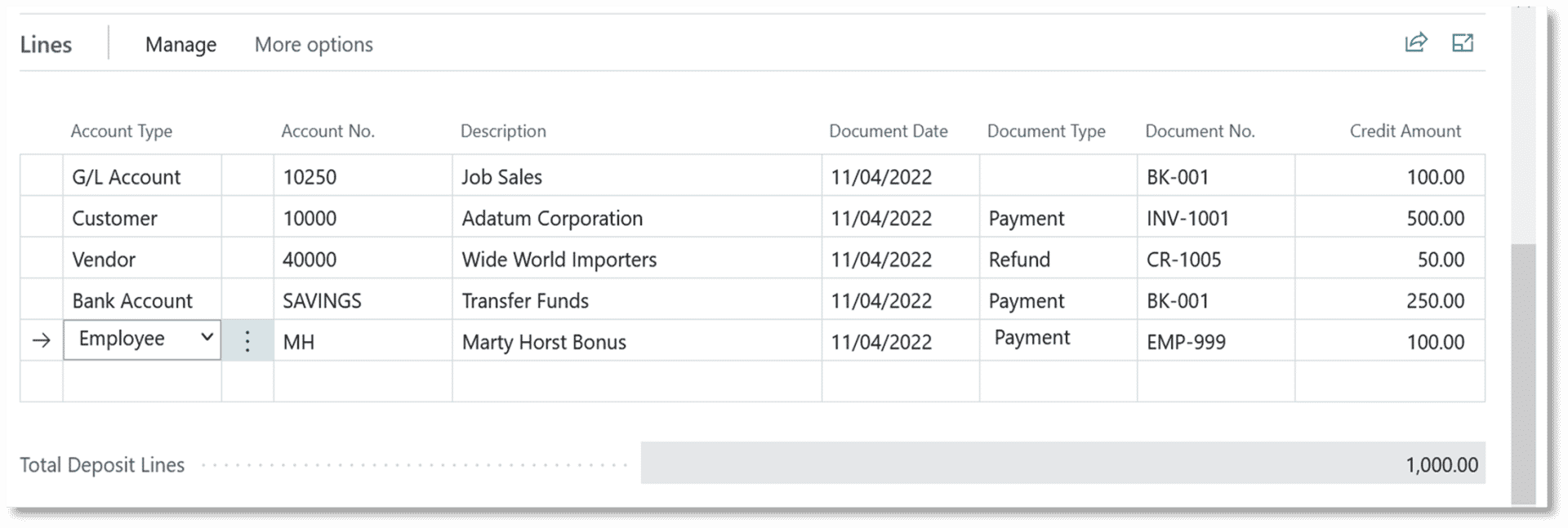 Add Bank Deposit Lines in Business Central