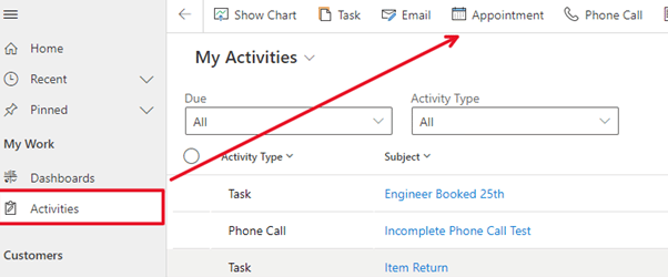 Create a new appointment from activity list in Dynamics CRM