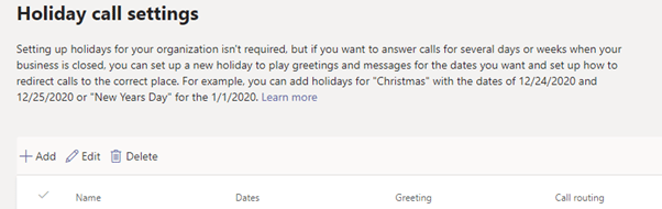 Holiday call settings in Microsoft Teams Phone