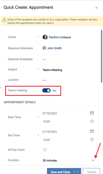 Quick create meeting in Microsoft Dynamics 365 CRM