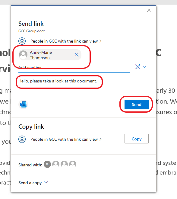 Sending a document link in Microsoft 365