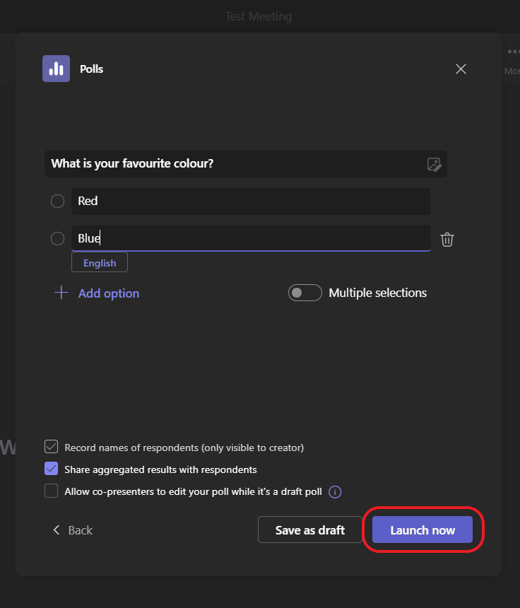 Creating a poll in Microsoft Teams live