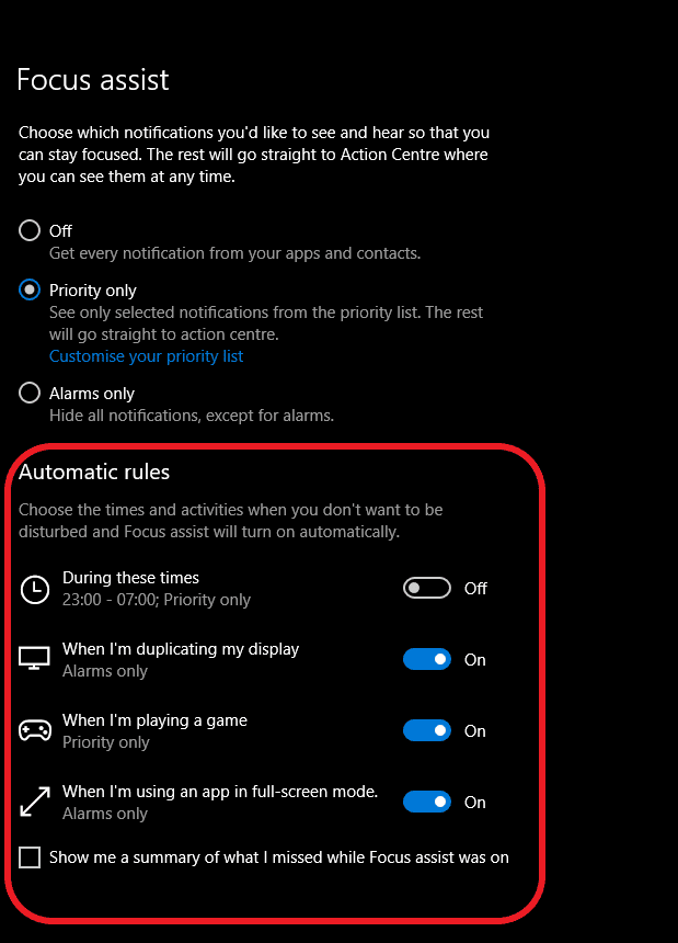 Automatic rules in Focus Assist