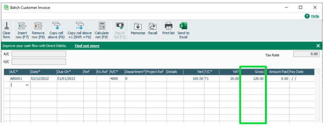Gross column added to batch entries  in Sage 50 Accounts