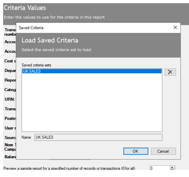 Select saved criteria in Sage 200