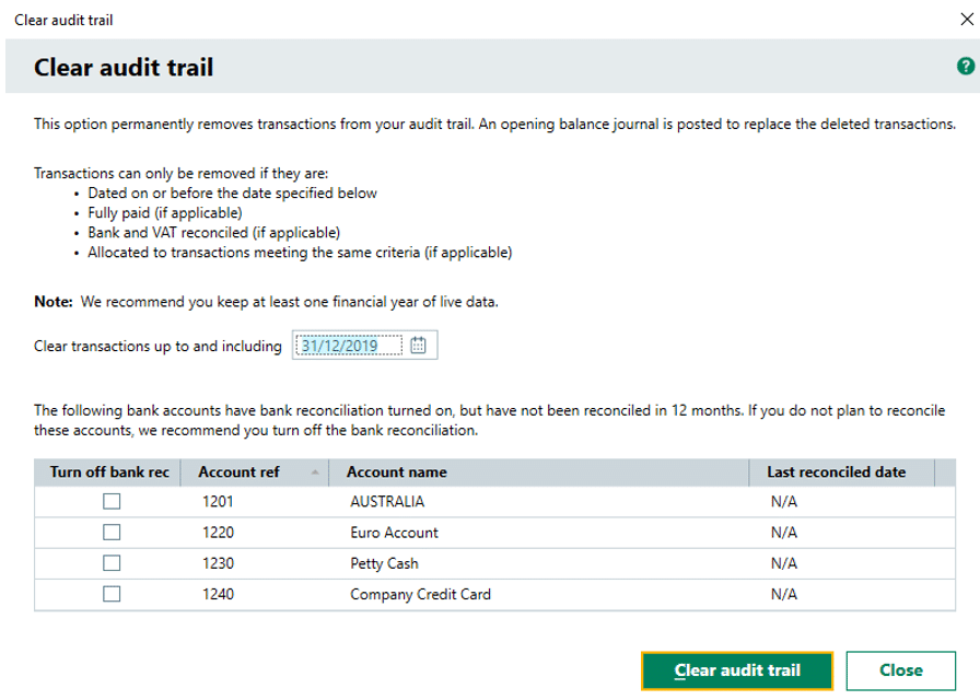 Clear audit trail in Sage 50