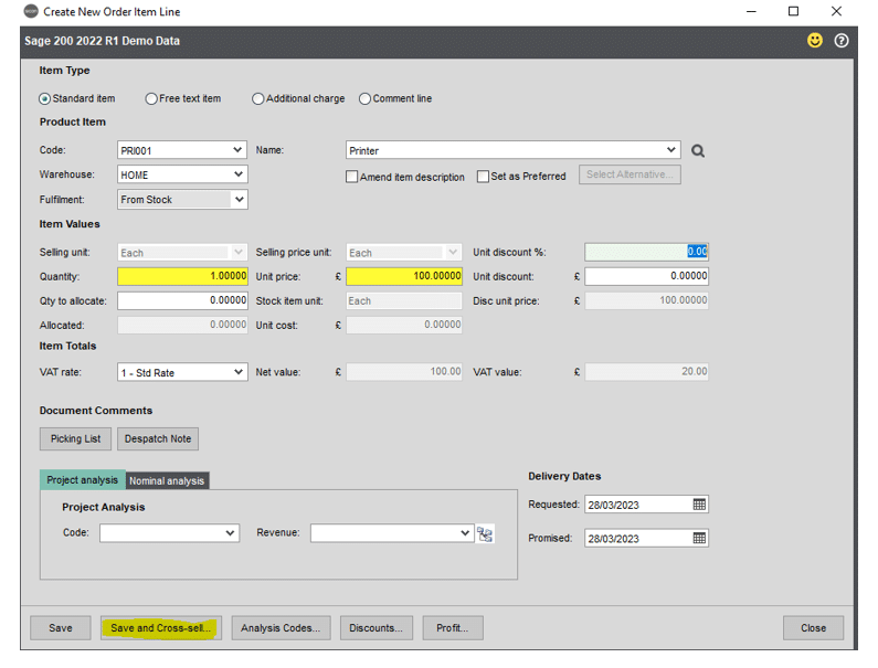 Cross Sell items in Sage 200
