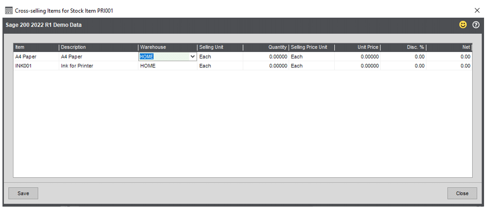 Cross selling items for stock in Sage 200