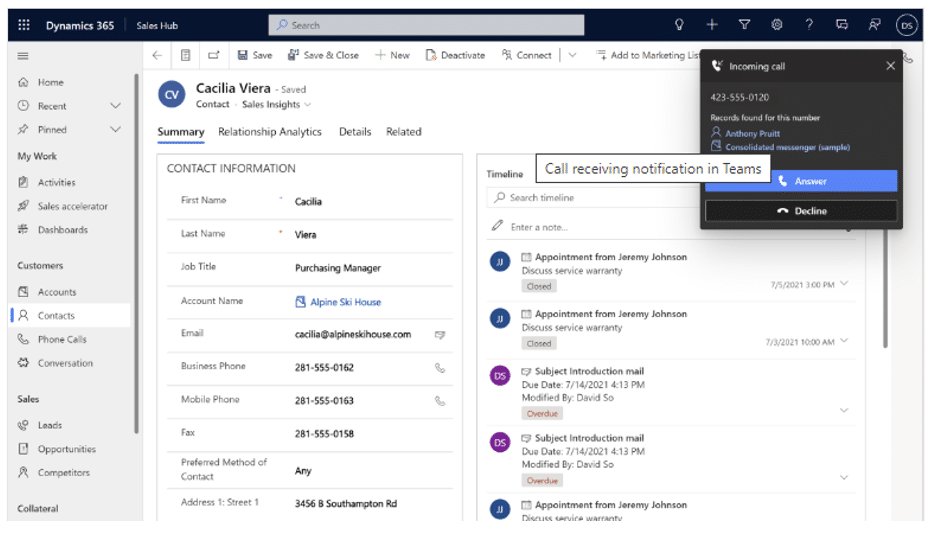 Incoming calls in Dynamics 365 CRM