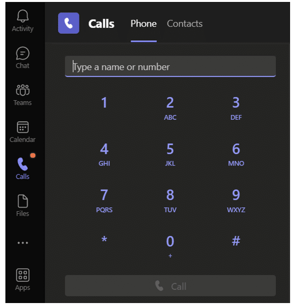 Microsoft Teams Phone Dial Pad