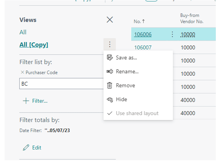 Save a filtered list in Microsoft Business Central