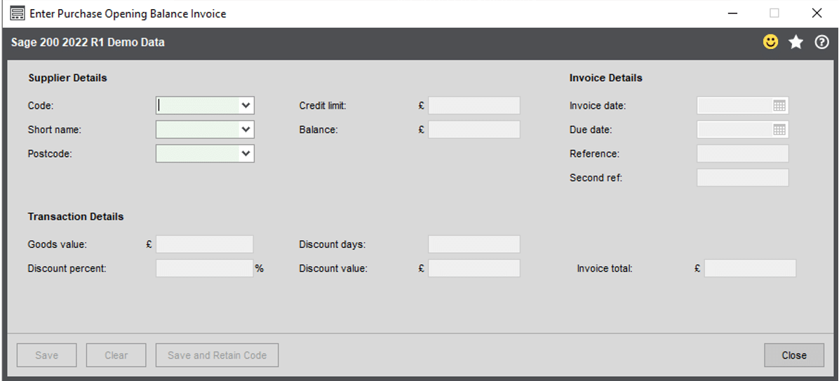 Enter purchase opening balance invoice in Sage 200