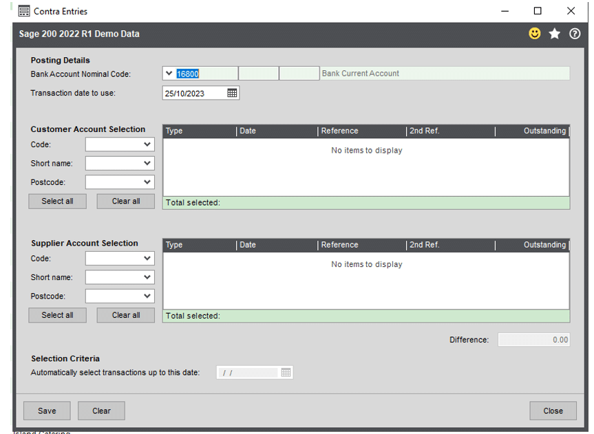How to create a contra entry in Sage 200
