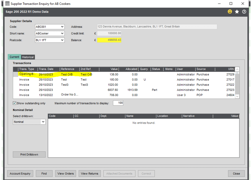 Supplier Transaction Enquiry screen in Sage 200